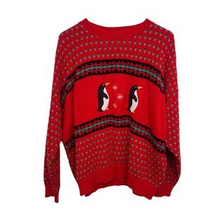 Vintage Penguin Christmas Sweater Red Fair Isle Novelty‎ Holiday Made USA